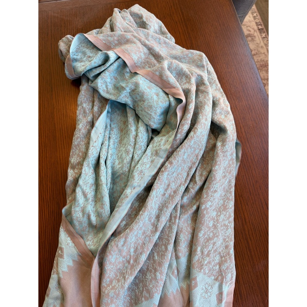 Green Prussa Silk Scarf Blue Gray Floral Fringe Lightweight Pashmina 14X72